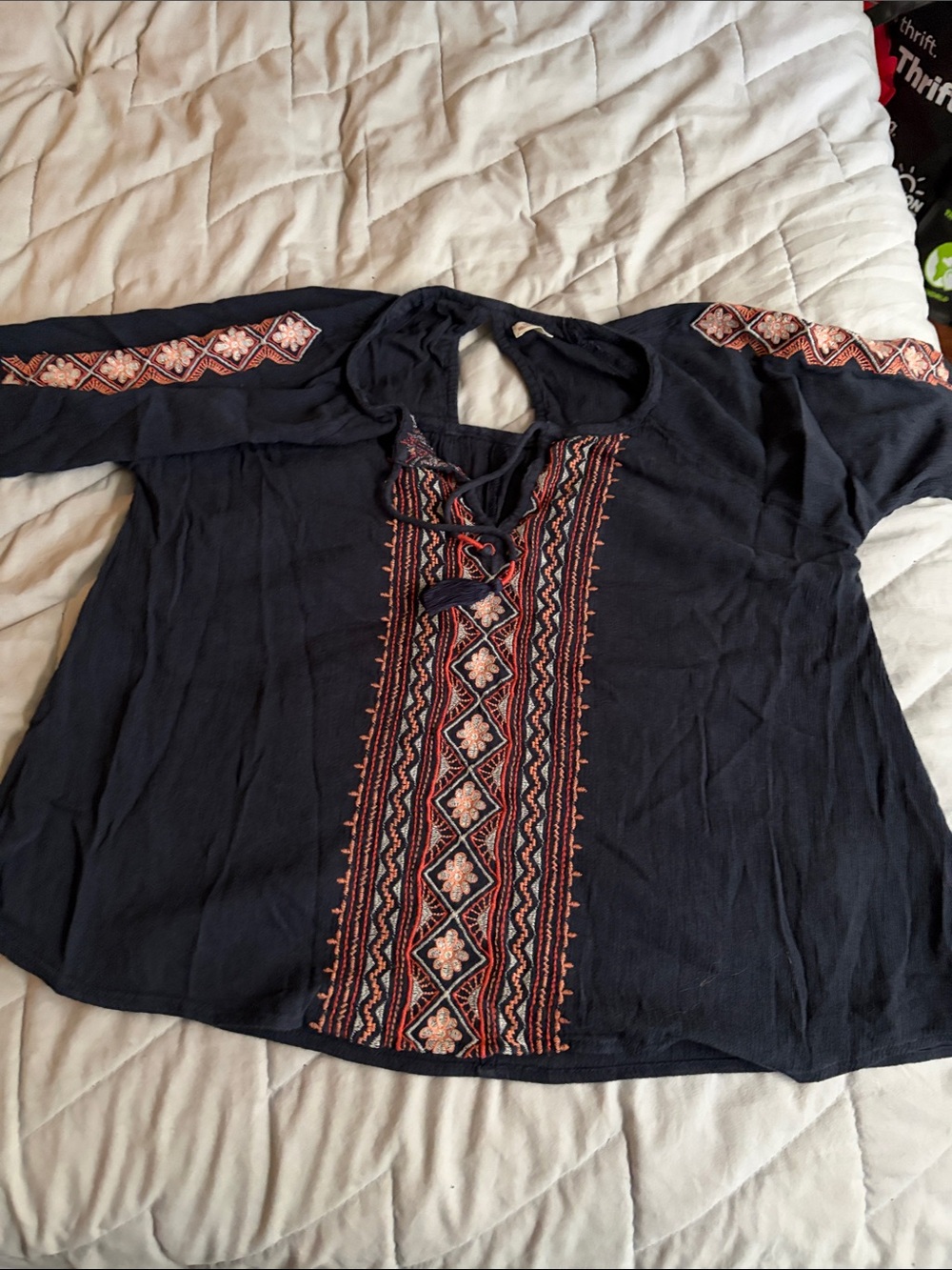 Abercrombie & Fitch Navy Embroidered Lace-Up Boho Tunic